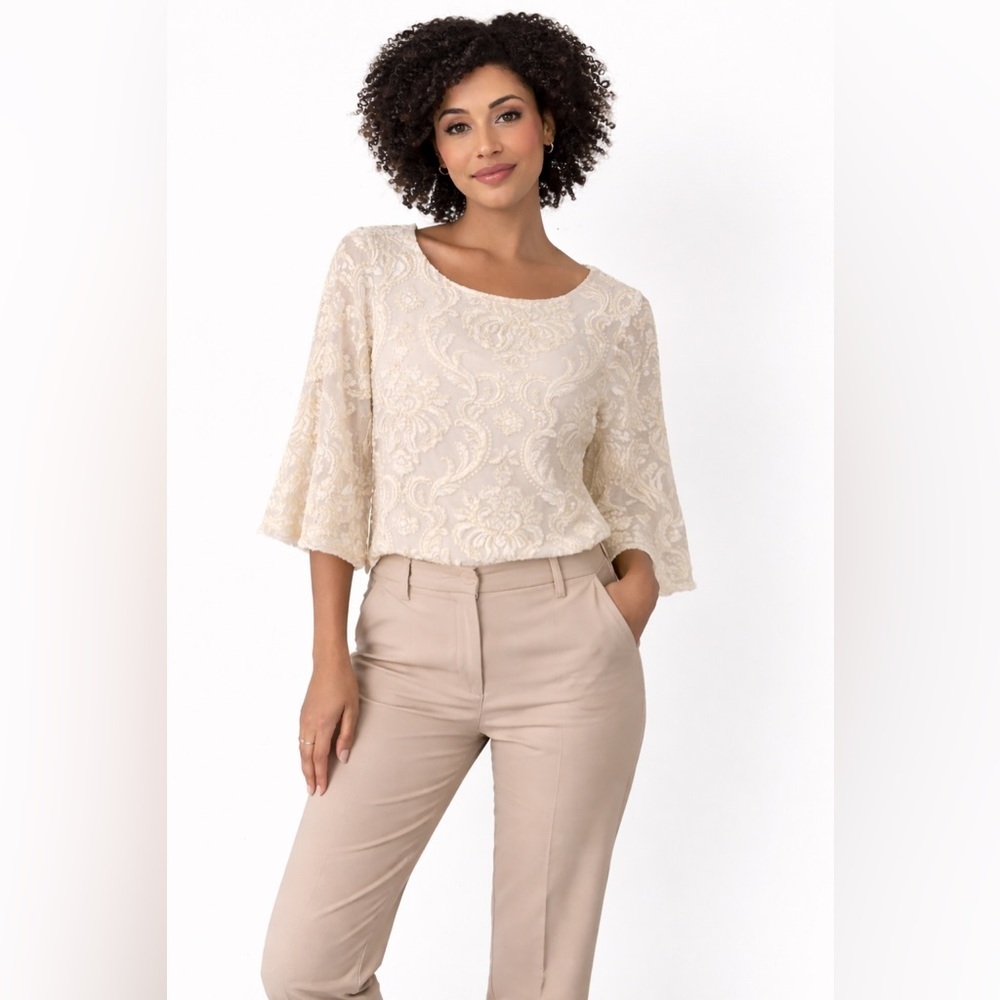 Anne Klein Ivory Embroidered Lace Blouse | Elegant Sheer Top | Size Small